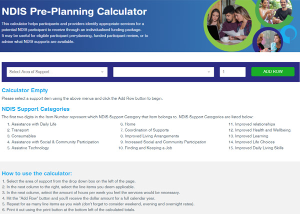 Screenshot of NDIS Pre-Planning Calculator web page