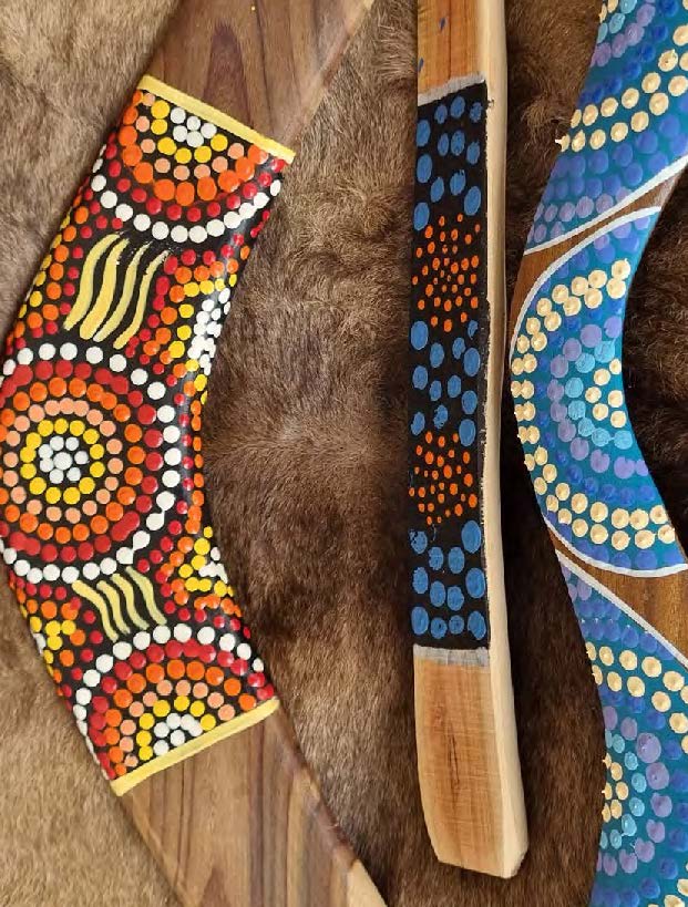 Traditional Aboriginal painted wooden items featuring dot art patterns in red, orange, yellow, blue and white, resting on an animal hide.