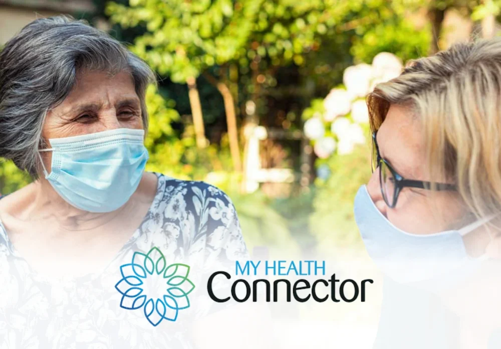My Health Connector logo overlaid on an image of two women wearing face masks having a conversation outdoors.